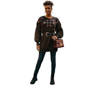 NORMA Vintage 80s Hand Knit Weave Leather Chunky Sweater Dress Tunic Top Brown M